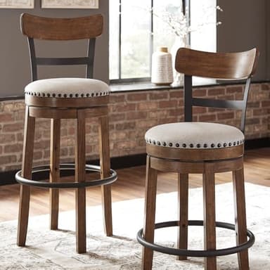 Signature Design by Ashley Valebeck Rustic Farmhouse Swivel Bar Stool – 24.5″ Counter Height, 360° Swivel Metal & Wood Frame, Polyester Upholstery – Brown - Image 8