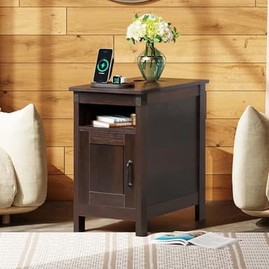 WLIVE End Table with Charging Station, Narrow Side Table for Living Room, Farmhouse Night Stand with Storage, Small Wooden Cabinet with USB Ports and Outlets for Living Room and Bedroom, Espresso - Image 2