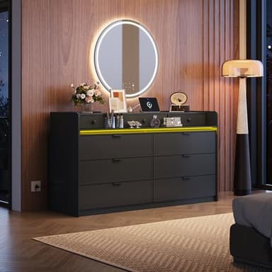 WLIVE 9 Drawer Led Dresser for Bedroom, 58.35'' Black Wood Dresser Storage Organizer with Power Outlets for 65'' TV, Dressers with Open Shelves, Chest of Drawers for Closet, Living Room - Image 9