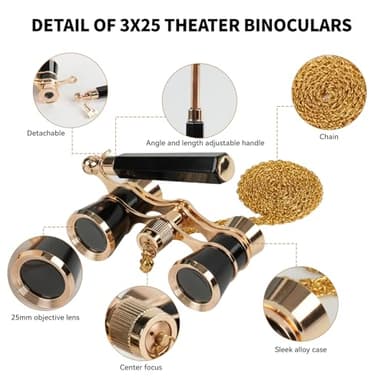 BOSTRON 3X25 Opera Glasses Binoculars Compact with Adjustable Handle & Chain, Portable Vintage Theater Glasses Mini Binoculars for Adults Women Kids for Music Concerts Opera Houses Cinema（Black） - Image 8