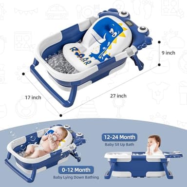 Collapsible Baby Bathtub for Newborns to Toddler with Real-time Temp Monitor & Floating Cushion,Portable Travel Tub for 0-36 Month, Foldable Baby Bath Tub for Infants Boy (Blue) - Image 2