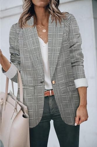 Genhoo Womens Long Sleeve Lightweight Office Work Suit Jacket Boyfriend Blazer M Black White Plaid - Image 2