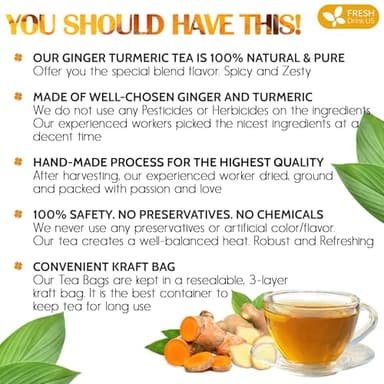 FreshDrinkUS, Premium 135 Turmeric Ginger Tea Bags, 100% Natural Ingredients, Hand-made Blend of Turmeric and Ginger Herbal Tea, Eco-conscious Tea Bags. No Sugar, No Caffeine, No Gluten, Vegan. - Image 3