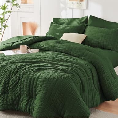 HYMOKEGE Dark Green Full Size Comforter Sets Seersucker 7 Pieces, All Season Luxury Bed in a Bag for Bedroom, Bedding Set with Comforters, Sheets, Pillowcases & Shams - Image 1