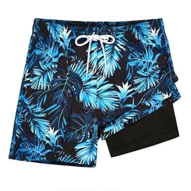 zeetoo Mens Swim Trunks with Compression Liner 5.5" Inseam Shorts Bathing Suit Quick Dry Swimsuit Leaf-darkblue 2XL - Image 5