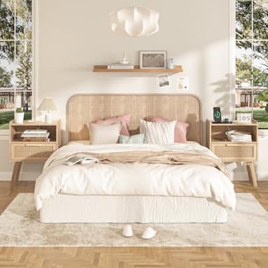 Lerliuo Rattan Nightstands Set of 2 with Charging Station, Boho Night Stand with Handmade Natural Rattan Drawer and Open Shelf, Side End Tables with Solid Wood Legs for Bedroom, Dorm, Small Spaces - Image 2