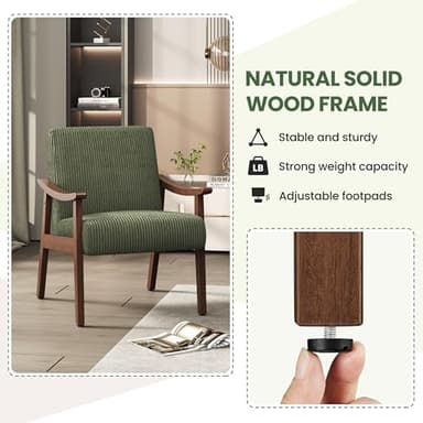 Yaheetech Corduroy Accent Chair, Mid-Century Modern Armchair with Solid Wood Legs, Reading Leisure Chair with High Back for Living Room Bedroom Waiting Room, Set of 2, Dark Green - Image 7