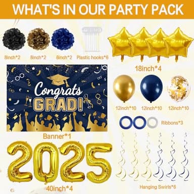 Graduation Decorations Class of 2025, Navy Blue Gold Graduation Decor Set with Congrats Grad Banner, Foil Balloons, Paper Pompoms, Hanging Swirls for 2025 High School & College Grad Party Supplies - Image 3