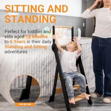 COSYLAND Foldable Toddler Standing Tower - Adjustable Height Folding Step Stool Kid Toddler Kitchen Stool Helper for Learning and Cooking - Ages 18 Months to 6 Years with safety Net Natural & Charcoal - Image 6