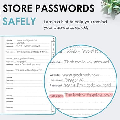 Elegant Password Book with Alphabetical Tabs - Hardcover Password Book for Internet Website Address Login - 5.2" x 7.6" Password Keeper and Organizer w/Notes Section & Back Pocket (Turquoise) - Image 5