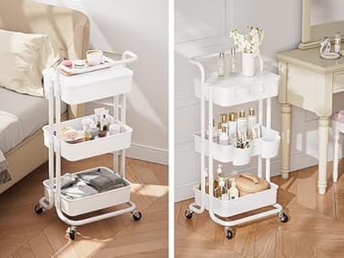 Pipishell 3 Tier Rolling Cart with Table Top, Utility Cart with Wheels & 4 Hooks, Rolling Storage Cart for Home Storage and Organization, White, PIUC09W - Image 8