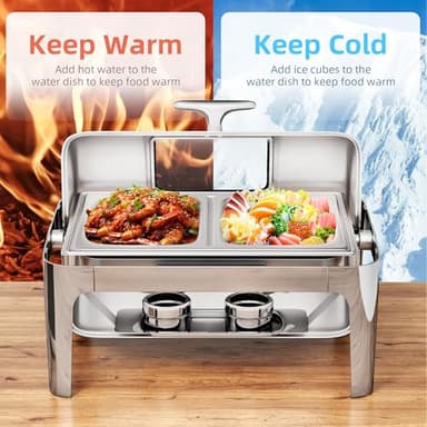 YITAHOME 9 Qt Visible Roll Top Chafing Dish Buffet Set, Rectangular Stainless Steel Buffet Warmer Chafers, for Wedding, Parties, Banquet, Catering Events (1 Full Size & 2 Half-Size) - Image 5