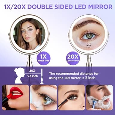 20x Magnifying Mirror with Light, Lighted Makeup Mirror with 3 Color Modes and Adjustable Brightness, Side Charging Port & SideTouch Sensor, 360° Rotation Double Sided Standing Mirror-Brushed Nickel - Image 2