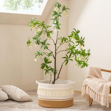 KAKAMAY Large Blanket Basket (20"x13"),Woven Baskets for storage Baby Laundry Hamper, Cotton Rope Blanket Basket for Living Room, Laundry, Nursery, Pillows, Baby Toy chest (White Fringe) - Image 7