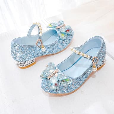 Qimaoo Girls Dress Shoes Mary Jane Princess Shoes Girls' Flats Glitter Low Heels Flower Wedding Party Footwear - 13 Little Kid (738 Blue) - Image 4