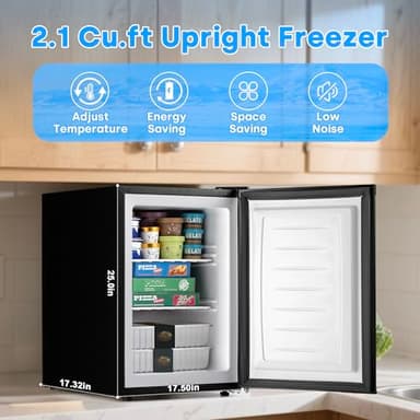 Erivess 2.1 Cu.ft Compact Upright Freezer, Single Door Mini Freezer with Adjustable Thermostat, Removable Shelves, Energy-Saving & Low Noise, Small Freezer for Home/Dorm/Apartment/Office (Black) - Image 2