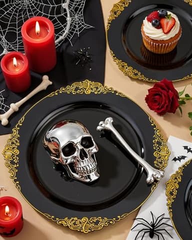 Nervure 350PCS Black Plastic Plates - Black Plastic Dinnerware Sets for 50 Guests - 100 Disposable Plates, 150 Gold Silverware, 50 Cups, 50 Napkins for Wedding & Party & Halloween - Image 4