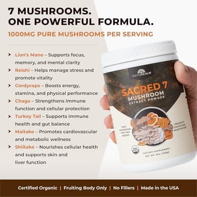 Naturealm Sacred 7 Organic Mushroom Supplement – 100% Fruiting Body Extract Powder with Lions Mane, Reishi, Chaga & More | Nootropic & Immune Support for Coffee, Tea, Smoothies – 60 Servings - Image 4