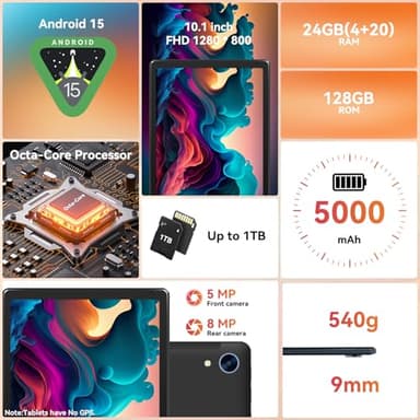Tablet,10.1" Android 15 Tablet with Octa-core Processor 24GB RAM 128GB ROM HD IPS Touchscreen 8H Battery, Wi-Fi 6, BT 5.0, Dual Camera, Android 15 Tablets with Keyboard Mouse Stylus Case Headphone - Image 2