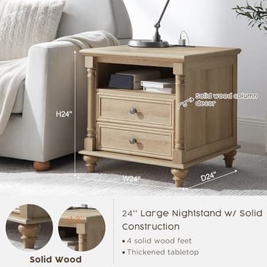 T4TREAM 24'' Farmhouse End Table w/4 Solid Wood Feet, Large 2 Drawers Wide Sofa Side Table with Charging Station, Tall Modern Wood Square Nightstand for Living Room, Bedroom, Office, Natural Oak - Image 2