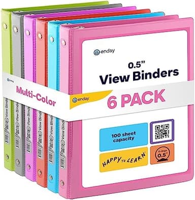 ½ Inch 3 Ring Binder, .5 Inch Round Ring Clear View Cover with 2 Inside Pockets Binders, Colored School Supplies Binders in Grey, Pink, Blue, Purple, Green and Red, Multicolor (6 PC) – by Enday - Image 3