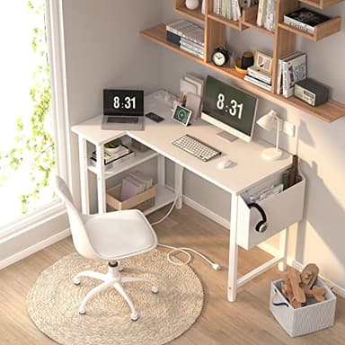 Lufeiya White L Shaped Computer Desk with Power Outlet Shelves, 40 Inch Small Reversible Corner Desk for Small Space Home Office, L-Shaped Desk PC Desks, White - Image 2