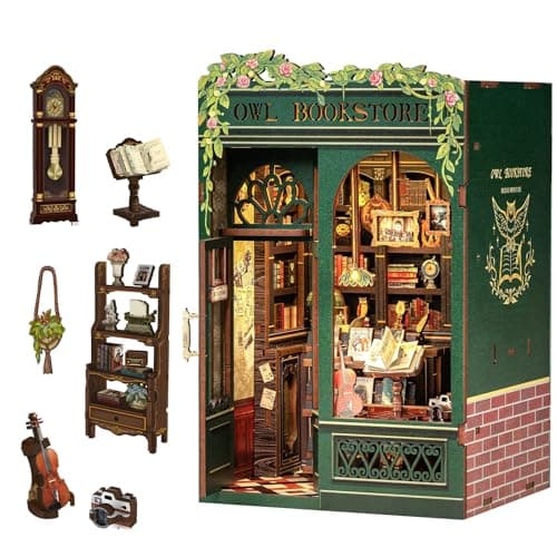 CUTEBEE Book Nook Kit Owl Bookstore - DIY Miniature House 3D Wooden Puzzle for Adult and Teens, Booknook Bookshelf Decor Alley Model Build with LED Light, Gifts for Family and Friends - Image 1