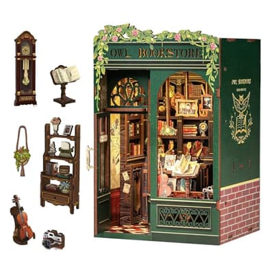 CUTEBEE Book Nook Kit Owl Bookstore - DIY Miniature House 3D Wooden Puzzle for Adult and Teens, Booknook Bookshelf Decor Alley Model Build with LED Light, Gifts for Family and Friends - Image 1