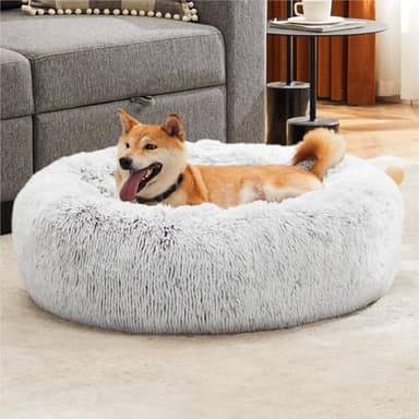 Sweetcrispy Calming Donut Dog & Cat Bed, Machine Washable Cuddle Warming Cozy Fluffy Faux Fur Plush Round Anti-Anxiety Waterproof Anti-Slip Pet Sleeping Sofa for Small Medium Animals, Grey, 20 inches - Image 4