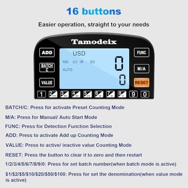 Tamodeix Money Counter Machine Dollar, Euro, MXN(Plastic Bills) Bill Counter(Can't Count Mixed denominations), UV/MG/IR/DD/DBL/HLF/CHN Counterfeit Detection Money Counter with LCD Display - Image 6