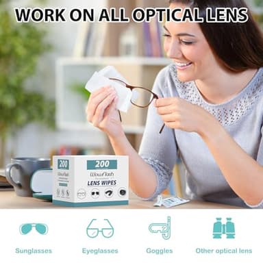 200 Count Lens Wipes for Eyeglasses, Eyeglass Lens Cleaning Wipes Pre-moistened Individually Wrapped Sracth-Free Streak-Free Eye Glasses Cleaner Wipes for Sunglass, Camera Lens, Goggles - Image 2