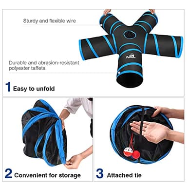 Pawaboo Cat Toys, Cat Tunnel Tube 5 Way Tunnels 25x53cm Extensible Collapsible Play Tent Interactive Toy Maze Cats House with Balls and Bells for Cats Kitten Kitty Rabbit Small Animal, Blue - Image 6