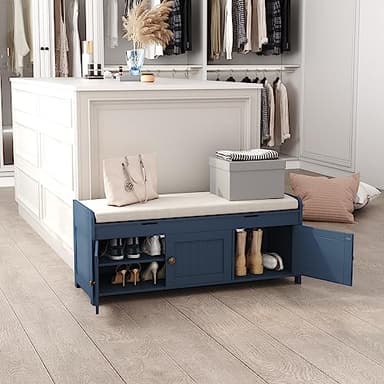 HOMEFORT 41.3" Shoe Bench with Lift Top Storage, Entryway Bench with Cushioned Seat, Wooden End of Bed Bench, Shoe Cabinet Bench with Hidden Storage Space, for Bedroom, Hallway,Blue - Image 8