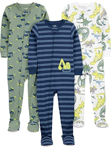 Simple Joys by Carter's Baby Boys' 3-Pack Snug Fit Footed Cotton Pajamas, Navy Stripe/Sage Green Construction/White Dinosaur, 18 Months - Image 1