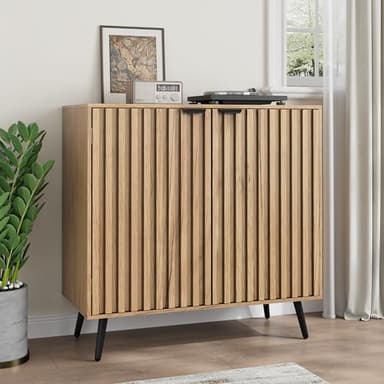 Smuxee Fluted Sideboard Cabinet, Freestanding Natural Buffet Cabinet with Adjustable Shelf, Wood Storage Cabinet for Living Room, Entryway, Hallway - Image 9