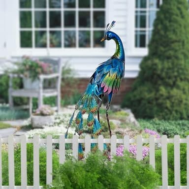 TERESA'S Collections Outdoor Decor Peacock Yard Art Garden Sculptures & Statues,Blue Small Metal Bird Lawn Ornaments,22.4" Outside Mardi Gras Decorations for Porch,Patio,Pond Decor,Gifts for Mom - Image 2