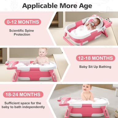 Collapsible Baby Bathtub for Newborn, Foldable Baby Bath Tub with Thermometer & Soft Floating Cushion & Drain Hole, Portable Travel Infant Bath Tubs for Newborns to Toddler 0-36 Months Girl, Pink - Image 3