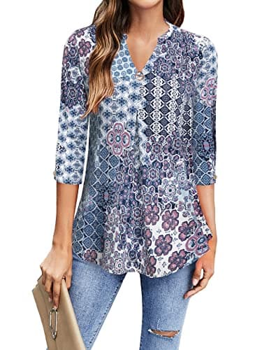 Floral Shirts for Women, Womens Business Casual Clothing 3/4 Sleeve Work Tops for Office Henley Shirt Ladies Tunic Tops for Leggings Long Floral Dressy Shirts Fitted Polyester Maternity BRD L - Image 1