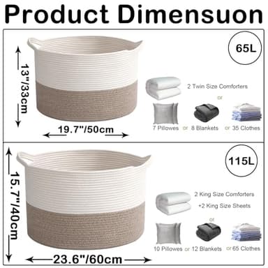 HZFTJOY Large Blanket Basket for Organizing,65L Closet Organizers and Storage Bins Box for Shelves Woven Rope Storage Baskets,Living Room,Bedroom,Dorm,Laundry room (White&Brown) - Image 2