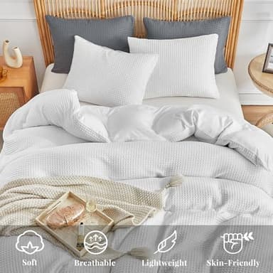 WARMDERN Waffle Weave Duvet Cover Queen Size, White Textured Duvet Cover Set, Soft and Breathable Comforter Cover, 3 Pieces Microfiber Bedding Set for All Season(White,Queen) - Image 2
