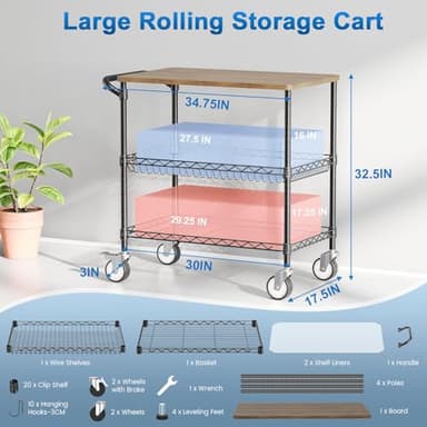 Leteuke Rolling Kitchen Carts with Wheels, 34" L x 17.5" W, 3-Tier Heavy Duty Utility Cart with Wood Tabletop, NSF Commercial Metal Serving Cart with Handle and Shelf Liner for Kitchen, Black - Image 3