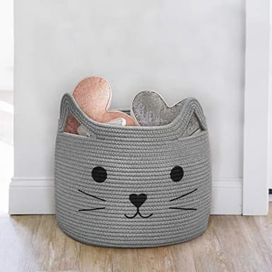 HiChen Large Woven Cotton Rope Storage Basket, Baby Laundry Basket Organizer for Towels, Blanket, Toys, Clothes, Gifts | Pet Gift Baskets for Cat, Dog - 15.7" L×11.8" H, Gray - Image 8