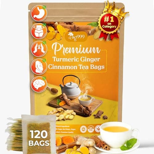 120 Bags Premium Turmeric Ginger Cinnamon Tea, Improve Digestion, Support Brain, Weight, Skin and Sleep, Eco-Conscious Tea Bags and Premium Natural Ingredients. Turmeric Ginger Herbal Tea. No Sugar, No Caffeine, No Gluten, Vegan. - Image 1