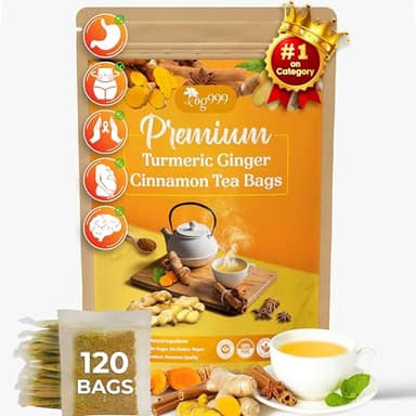 120 Bags Premium Turmeric Ginger Cinnamon Tea, Improve Digestion, Support Brain, Weight, Skin and Sleep, Eco-Conscious Tea Bags and Premium Natural Ingredients. Turmeric Ginger Herbal Tea. No Sugar, No Caffeine, No Gluten, Vegan. - Image 1