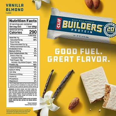 CLIF BUILDERS Protein Bars - Vanilla Almond Flavor - 20g Plant Based Protein - Gluten Free - Non-GMO - Low Glycemic - No Artificial Sweeteners - 2.4 oz. (12 Pack) - Image 6