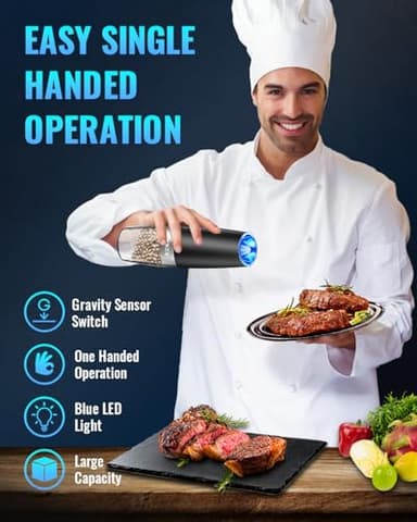 XinXu Gravity Electric Pepper and Salt Grinder Set, Adjustable Coarseness, Battery Powered with LED Light, One Hand Automatic Operation, Black -2 Pack - Image 5