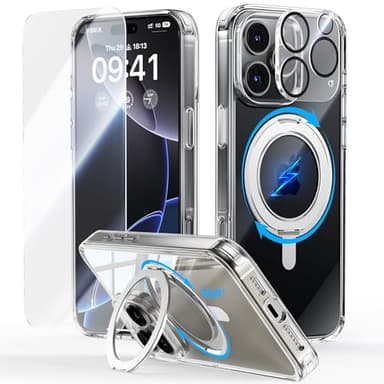 JUESHITUO 3 in 1 for iPhone 16 Pro Case, [Non-Yellowing] 360° Rotatable Magnetic Ring Stand with [1X Screen Protector + 1X Camera Lens Protector], 6.3" iPhone 16 pro case Clear - Image 1