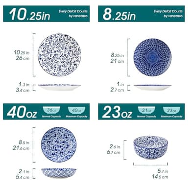 vancasso SELENE Plates and Bowls Set for 6, 24 Pieces Dinnerware Sets, Mircowave and Dishwasher Safe Dishes Set, Porcelain Blue Dinnerware - Image 2
