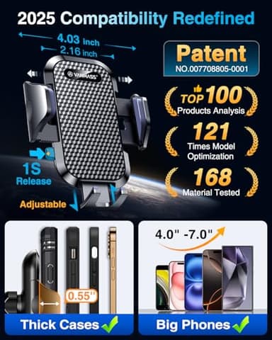 VANMASS Car Phone Holder 2025 Military-Grade Phone Holder for Your Car Windshield Dashboard【 65 Lbs Strongest Suction】【Patent & Safety Certs】 Universal Cell Phone Car Mount for iPhone Samsung Android - Image 5