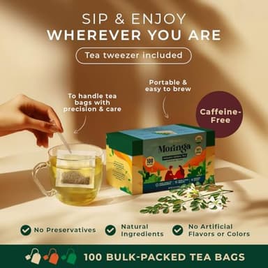 Gya Tea Co Moringa Leaves Herbal Tea Bags (100 Bags) - Caffeine Free with a Tangy Flavor for All Day Comfort, Calming, Relaxing & Nourishing - Fruit & Herbal Blends - Image 4